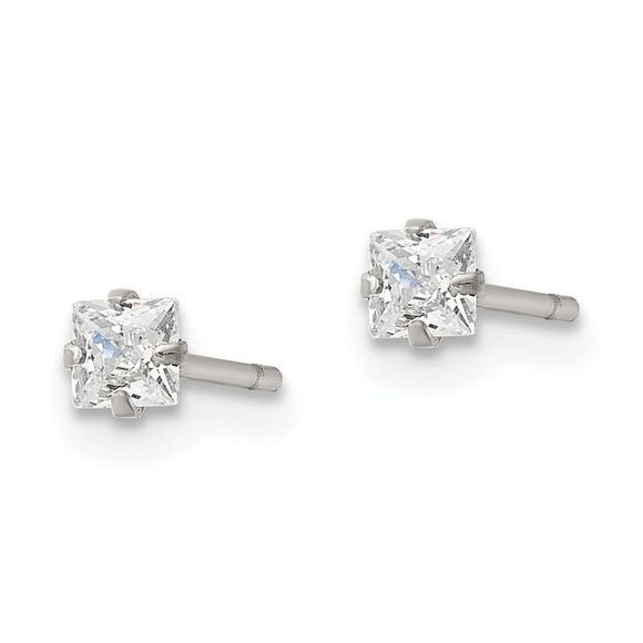 Kazi Luxury Chisel Stainless Steel Polished 3mm Square CZ Stud Post Earrings - Picture 3 of 5